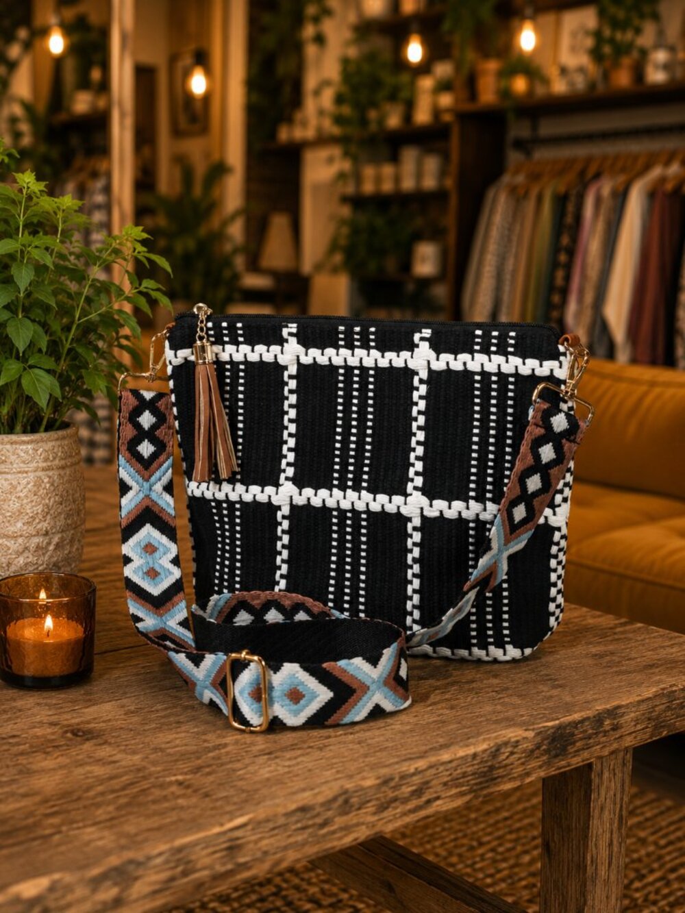 Black Embroidered Strap Crossbody Shoulder Bag Fall Autumn